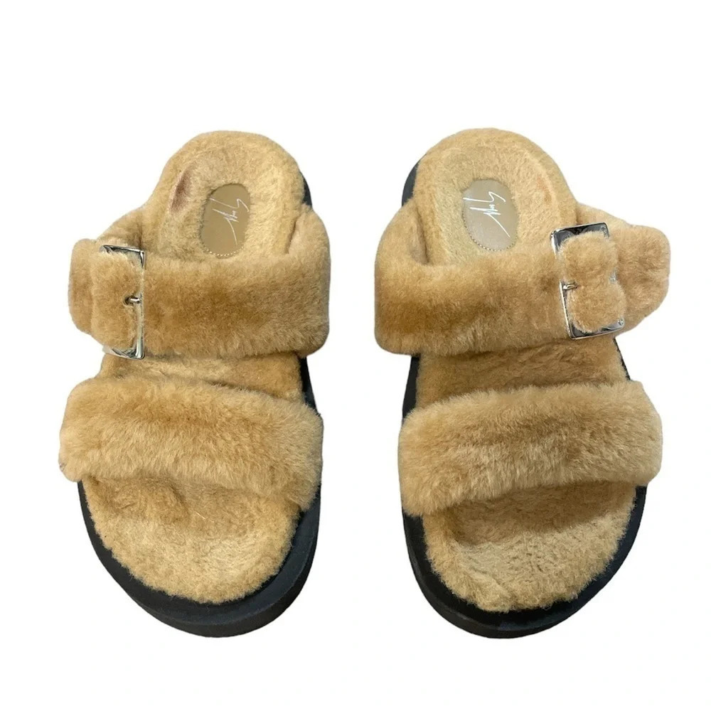 Giuseppe Zanotti Shearling Slides Faux Fur Camel Platform Sandals with buckles - Picture 3 of 12